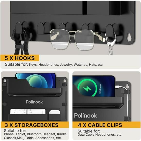 Bedside wall mount shelf phone holder organizer with hooks bedroom storage rack - Picture 5 of 8